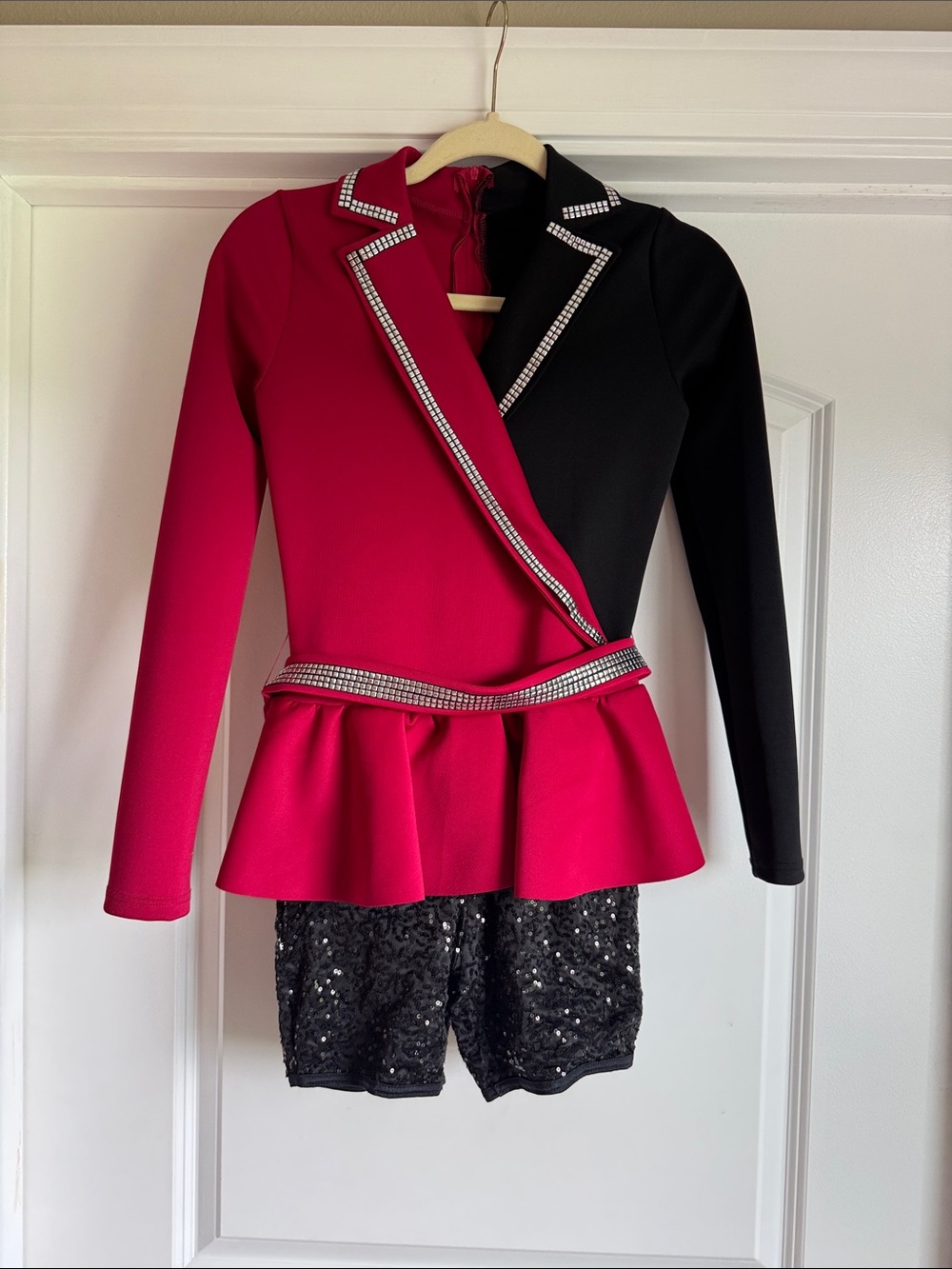 Weissman red & black long sleeve dance costume with black sequined shorts